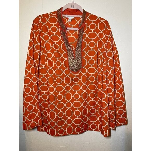 Charter Club Women's Orange Geometric Cotton Tunic Embellished Neckline Size L - Picture 1 of 6